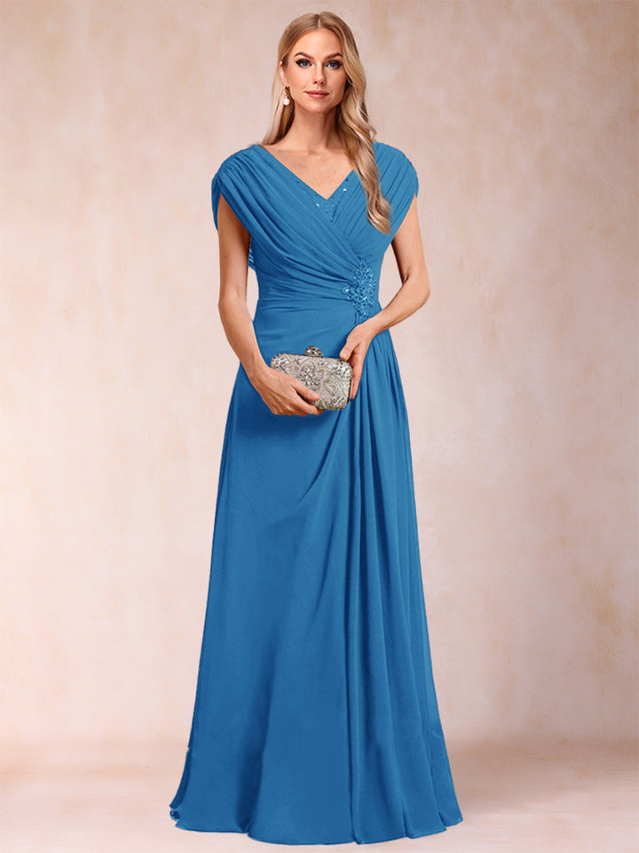 A-Line/Princess V-Neck Chiffon Ruched Mother of the Bride Dresses with Appliques &amp; Beading
