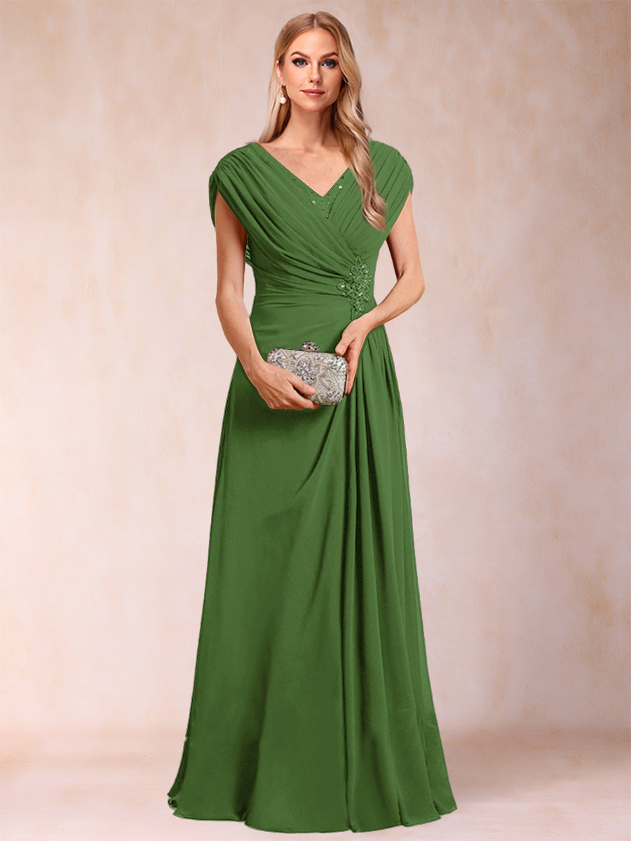 A-Line/Princess V-Neck Chiffon Ruched Mother of the Bride Dresses with Appliques &amp; Beading