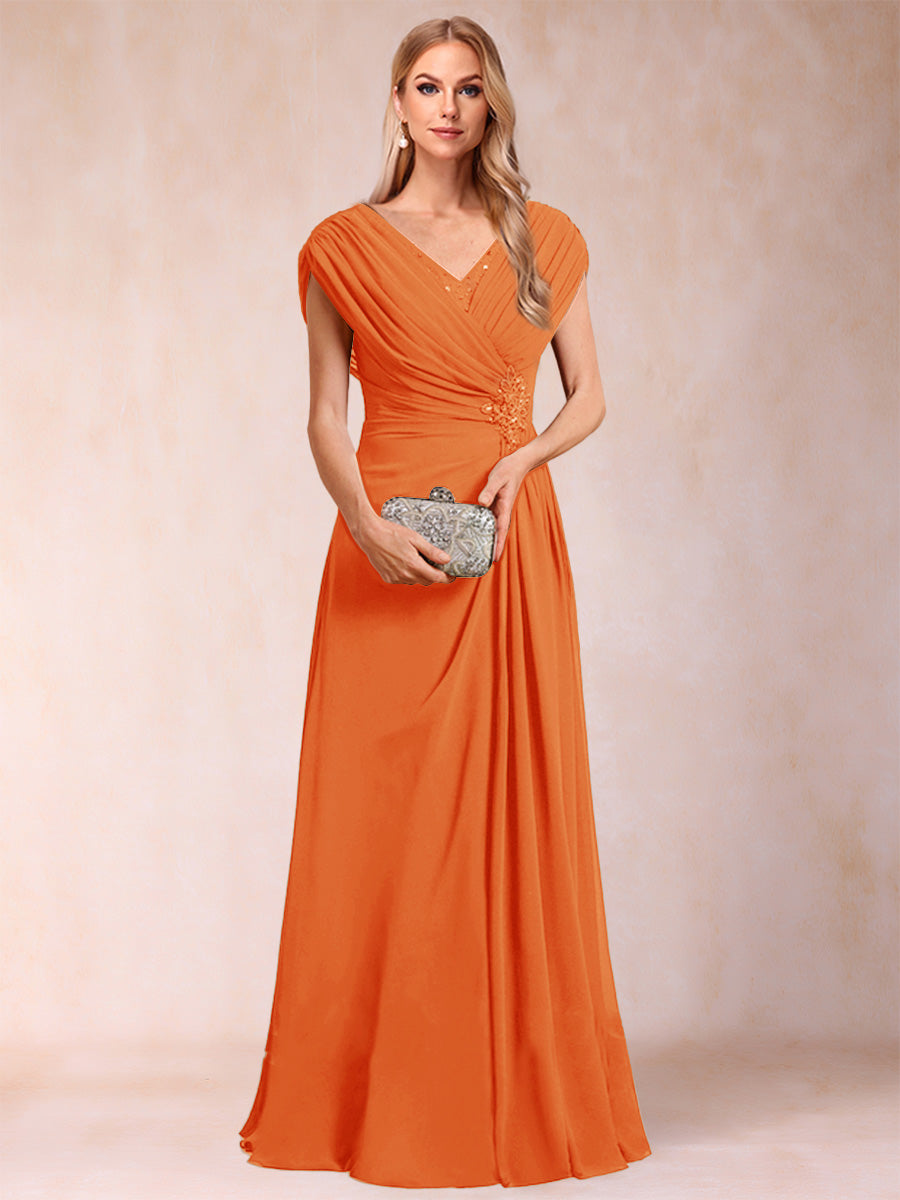 A-Line/Princess V-Neck Chiffon Ruched Mother of the Bride Dresses with Appliques &amp; Beading