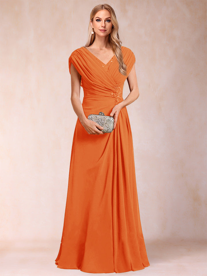 A-Line/Princess V-Neck Chiffon Ruched Mother of the Bride Dresses with Appliques &amp; Beading