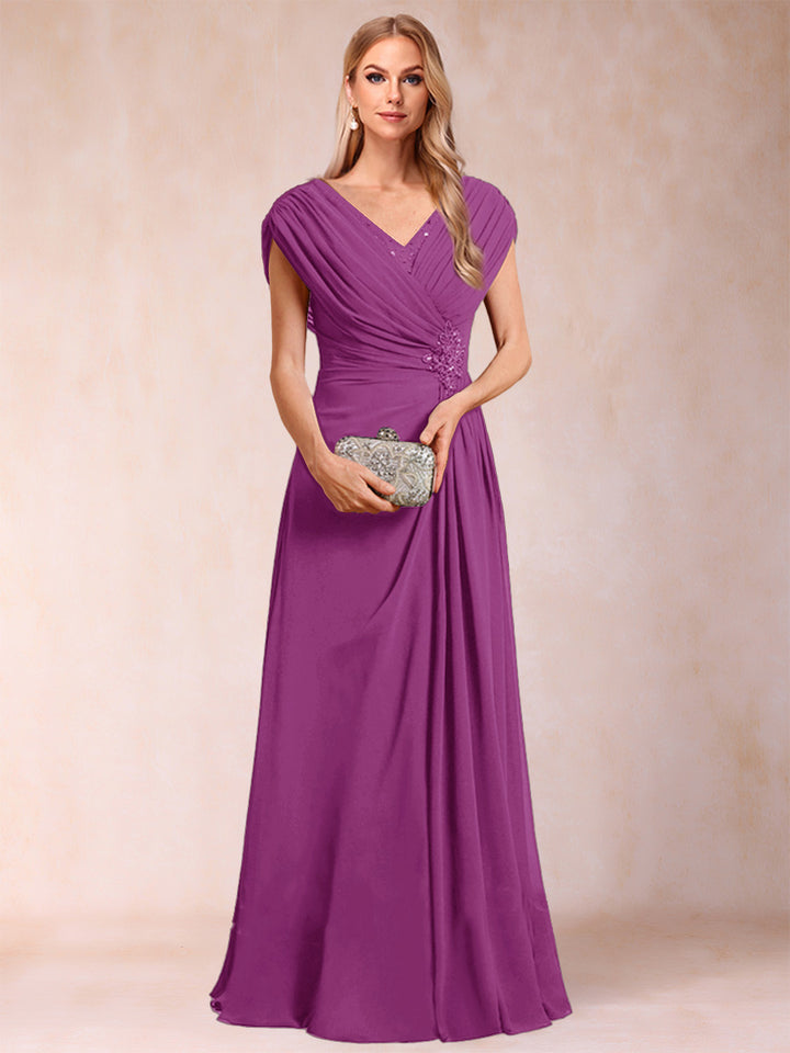A-Line/Princess V-Neck Chiffon Ruched Mother of the Bride Dresses with Appliques &amp; Beading