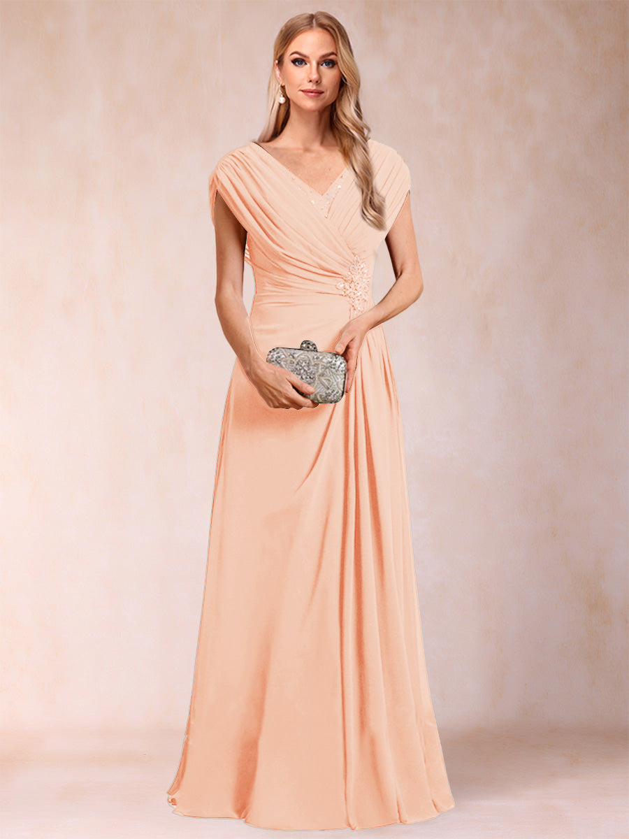 A-Line/Princess V-Neck Chiffon Ruched Mother of the Bride Dresses with Appliques &amp; Beading