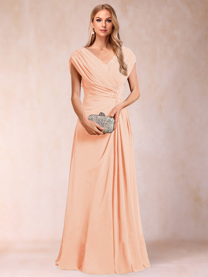 A-Line/Princess V-Neck Chiffon Ruched Mother of the Bride Dresses with Appliques &amp; Beading