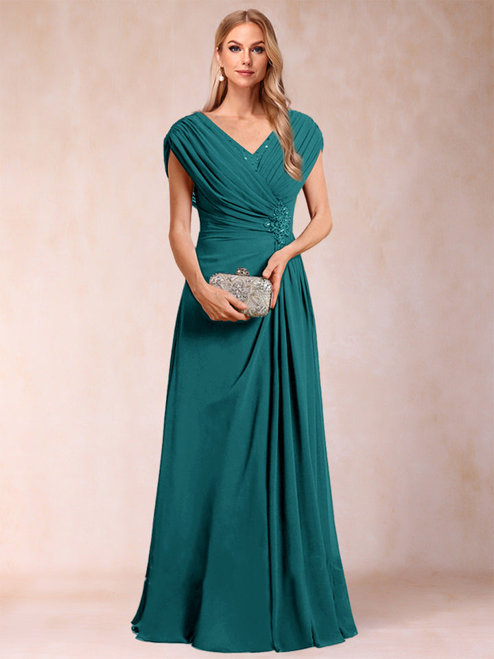 A-Line/Princess V-Neck Chiffon Ruched Mother of the Bride Dresses with Appliques &amp; Beading