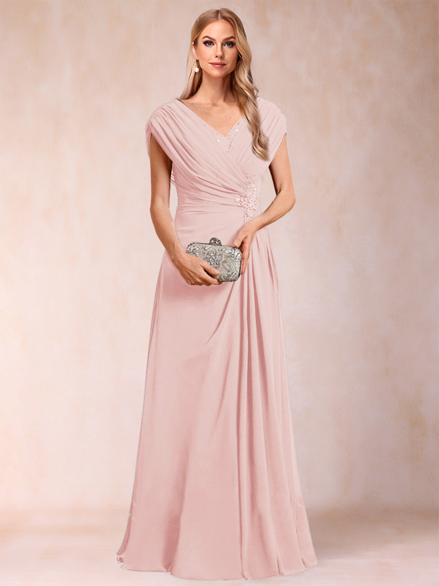 A-Line/Princess V-Neck Chiffon Ruched Mother of the Bride Dresses with Appliques &amp; Beading