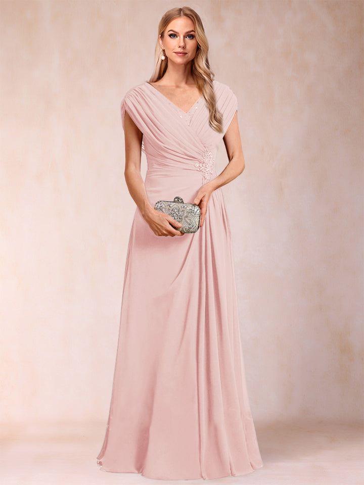 A-Line/Princess V-Neck Chiffon Ruched Mother of the Bride Dresses with Appliques &amp; Beading