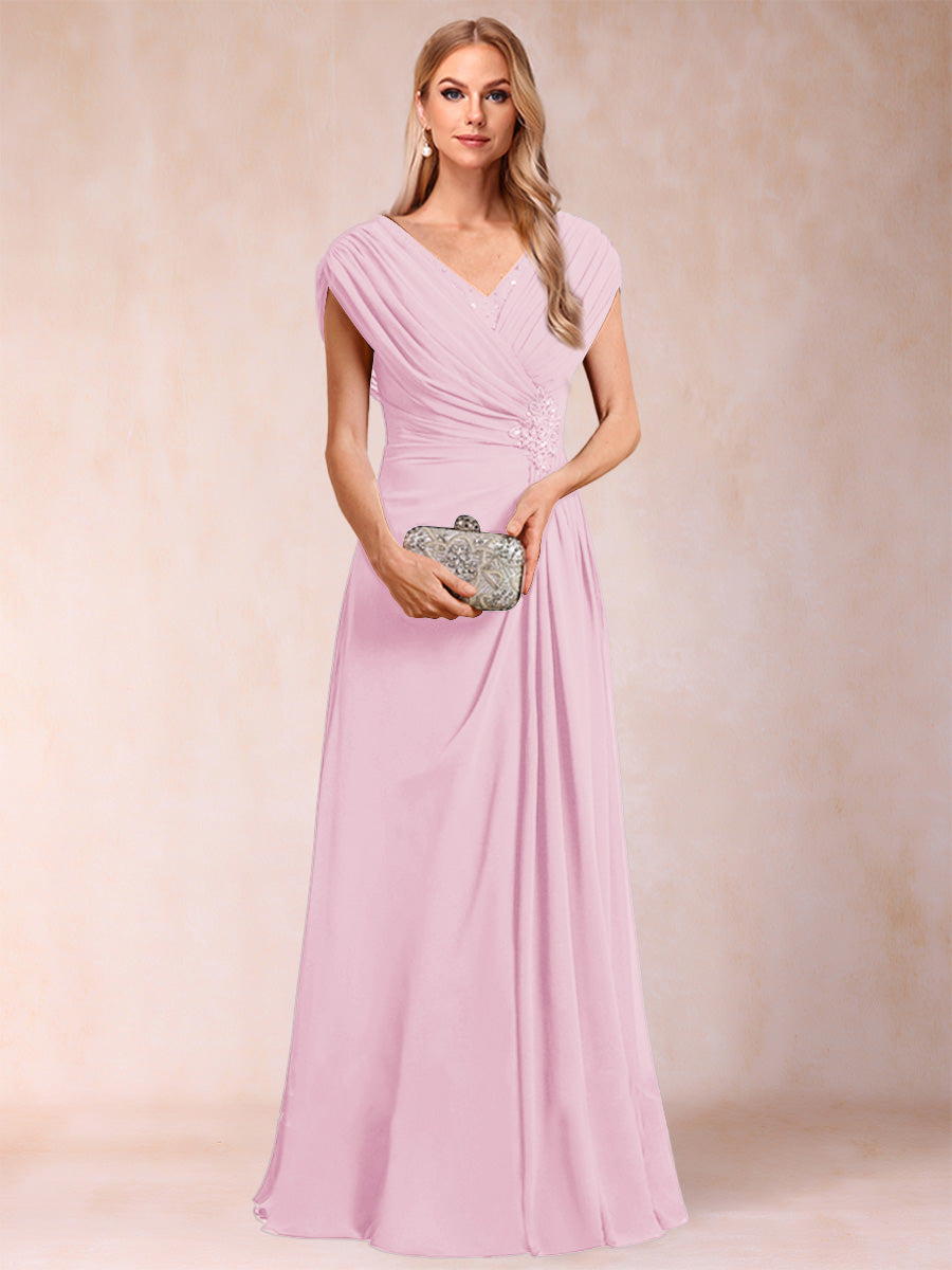 A-Line/Princess V-Neck Chiffon Ruched Mother of the Bride Dresses with Appliques &amp; Beading