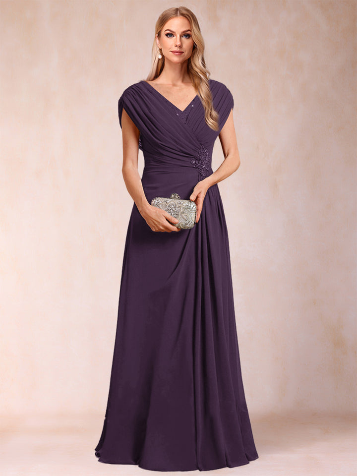 A-Line/Princess V-Neck Chiffon Ruched Mother of the Bride Dresses with Appliques &amp; Beading