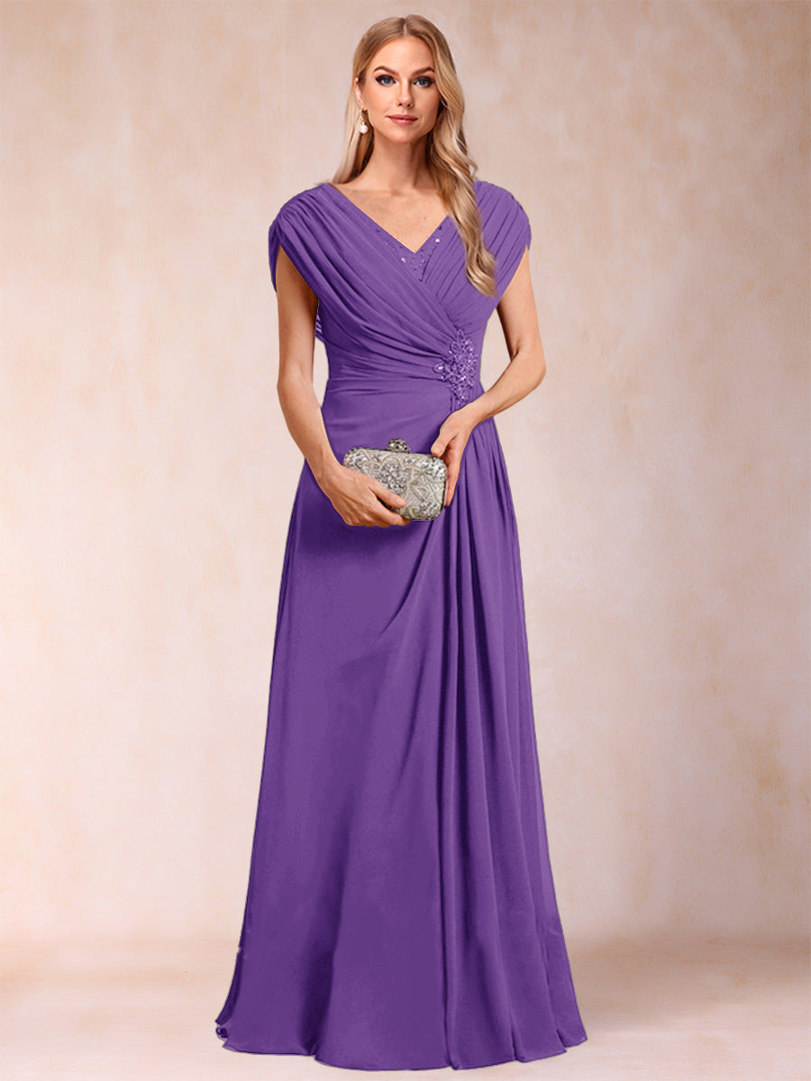 A-Line/Princess V-Neck Chiffon Ruched Mother of the Bride Dresses with Appliques &amp; Beading