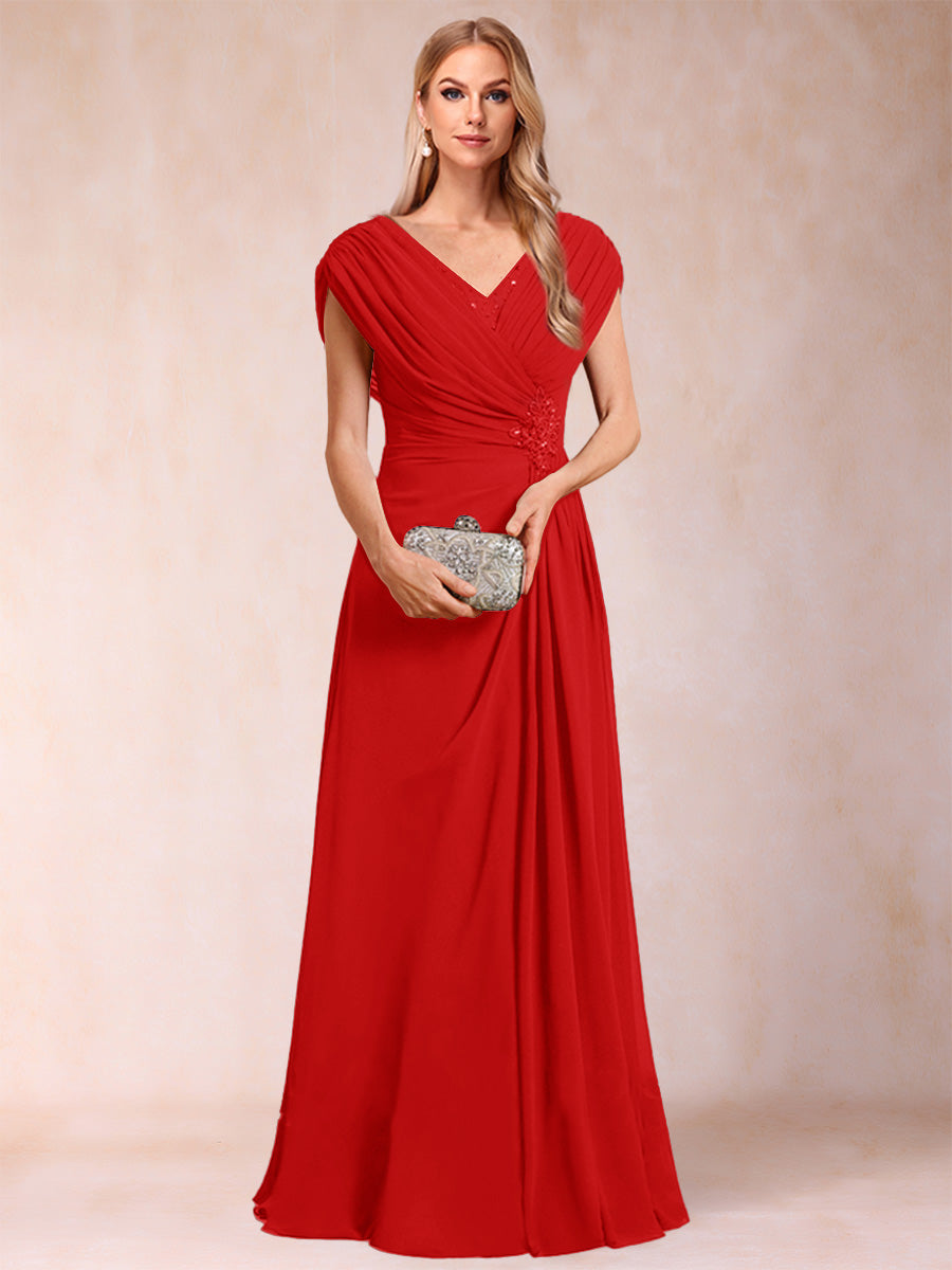 A-Line/Princess V-Neck Chiffon Ruched Mother of the Bride Dresses with Appliques &amp; Beading