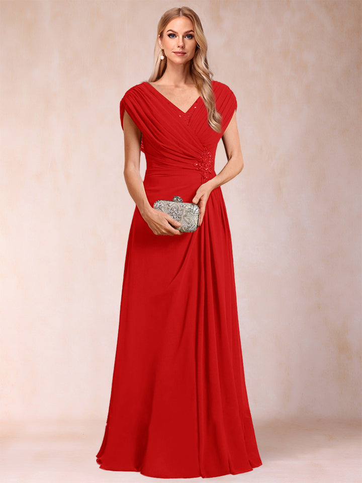 A-Line/Princess V-Neck Chiffon Ruched Mother of the Bride Dresses with Appliques &amp; Beading