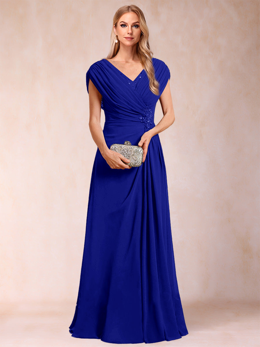 A-Line/Princess V-Neck Chiffon Ruched Mother of the Bride Dresses with Appliques &amp; Beading