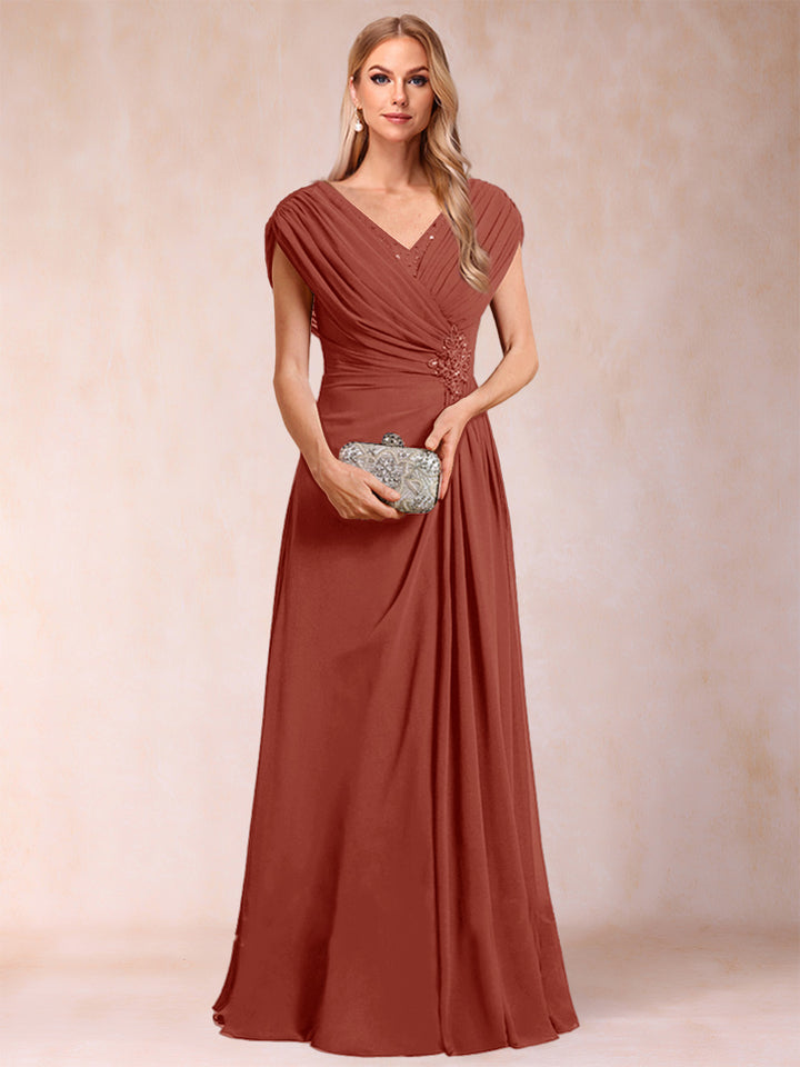 A-Line/Princess V-Neck Chiffon Ruched Mother of the Bride Dresses with Appliques &amp; Beading