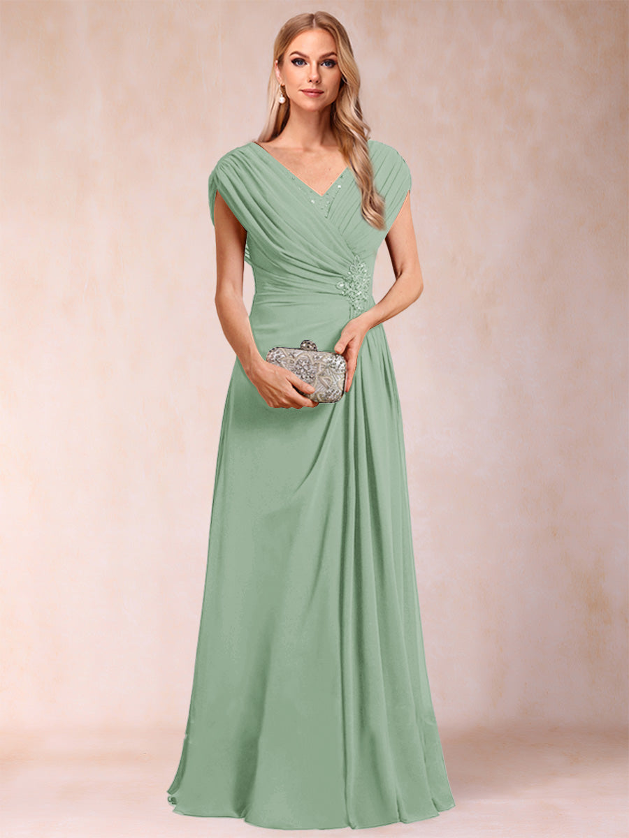 A-Line/Princess V-Neck Chiffon Ruched Mother of the Bride Dresses with Appliques &amp; Beading