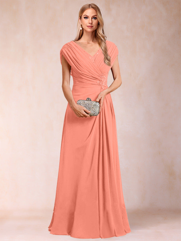 A-Line/Princess V-Neck Chiffon Ruched Mother of the Bride Dresses with Appliques &amp; Beading