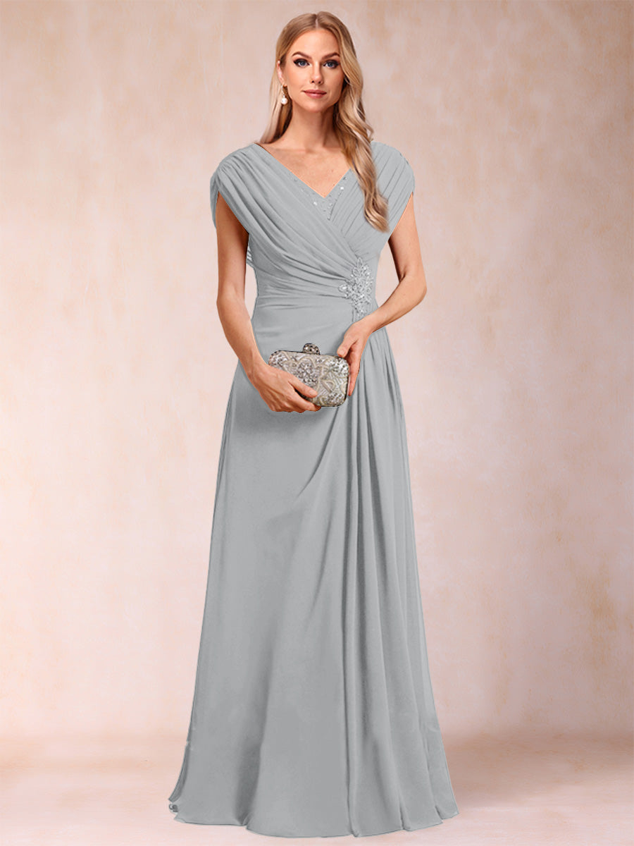 A-Line/Princess V-Neck Chiffon Ruched Mother of the Bride Dresses with Appliques &amp; Beading