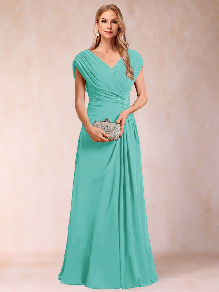 A-Line/Princess V-Neck Chiffon Ruched Mother of the Bride Dresses with Appliques &amp; Beading