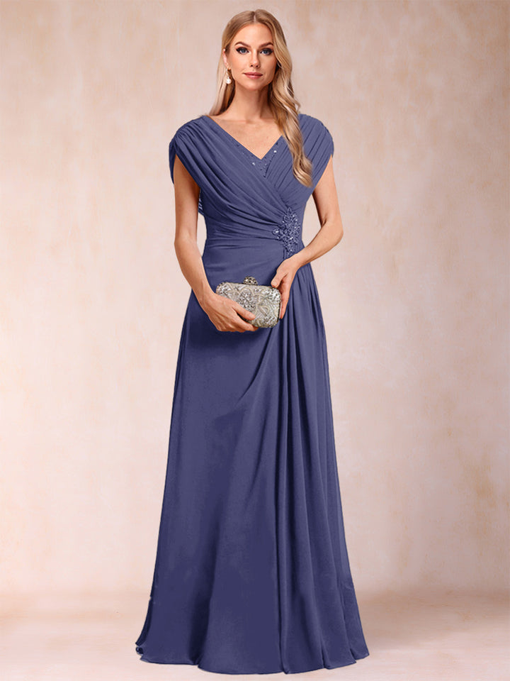 A-Line/Princess V-Neck Chiffon Ruched Mother of the Bride Dresses with Appliques &amp; Beading