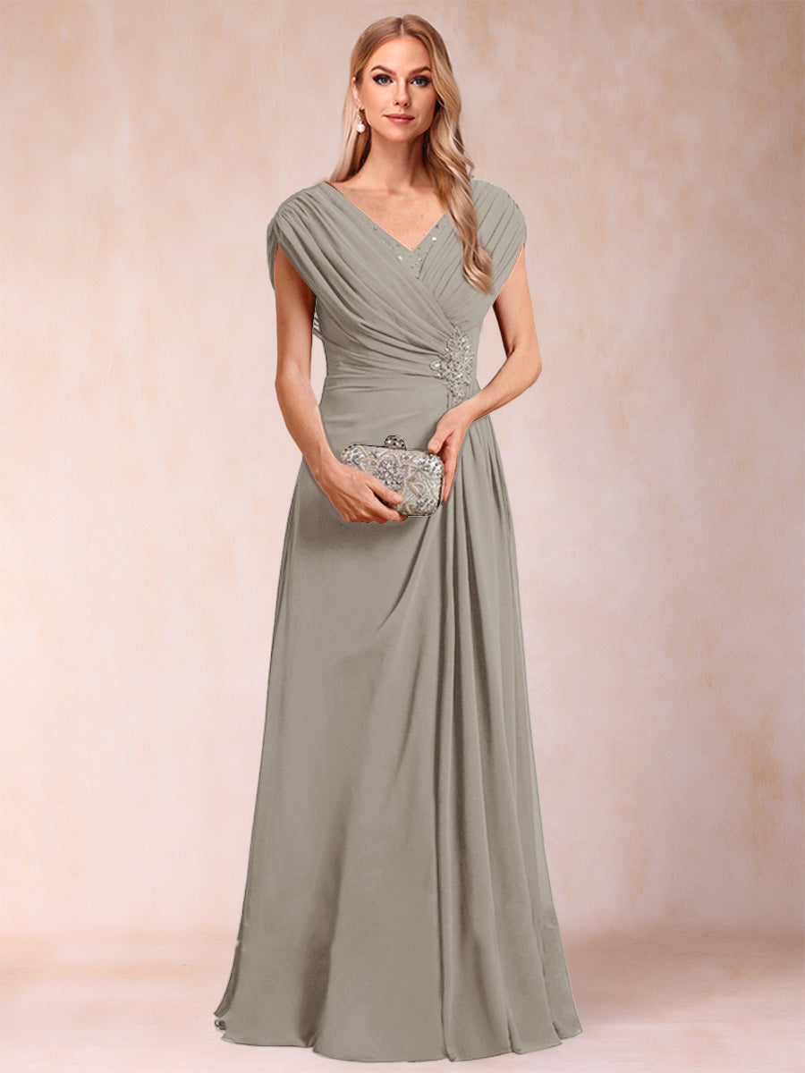 A-Line/Princess V-Neck Chiffon Ruched Mother of the Bride Dresses with Appliques &amp; Beading
