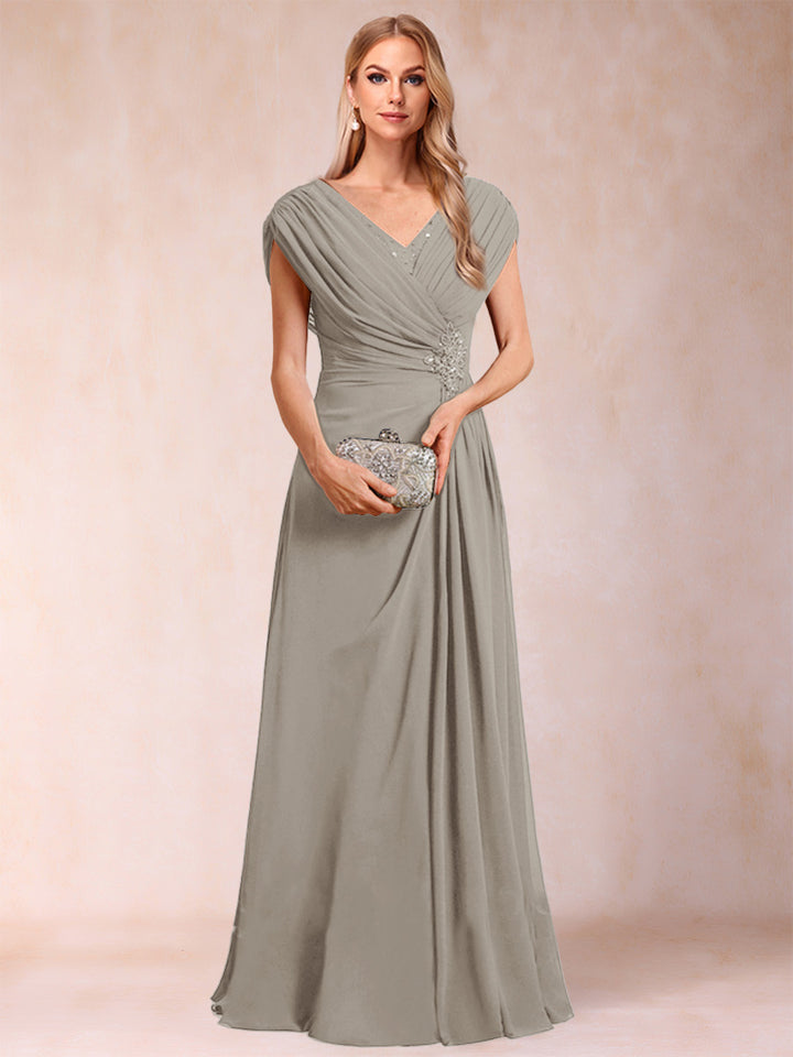 A-Line/Princess V-Neck Chiffon Ruched Mother of the Bride Dresses with Appliques &amp; Beading