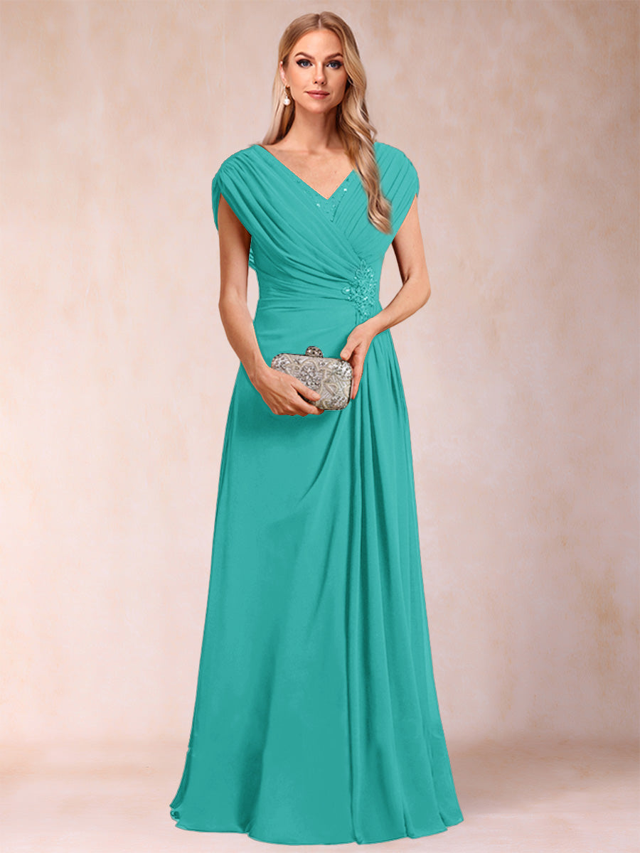A-Line/Princess V-Neck Chiffon Ruched Mother of the Bride Dresses with Appliques &amp; Beading