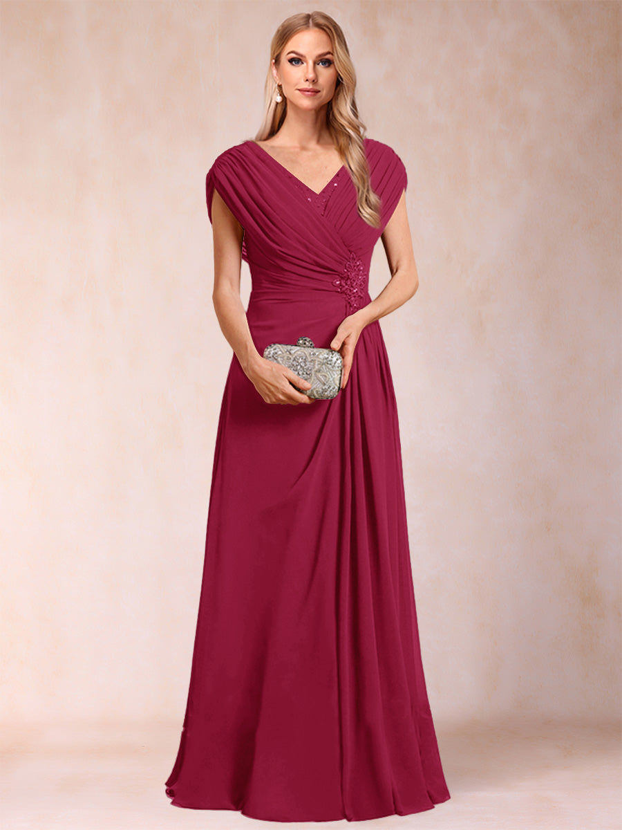 A-Line/Princess V-Neck Chiffon Ruched Mother of the Bride Dresses with Appliques &amp; Beading