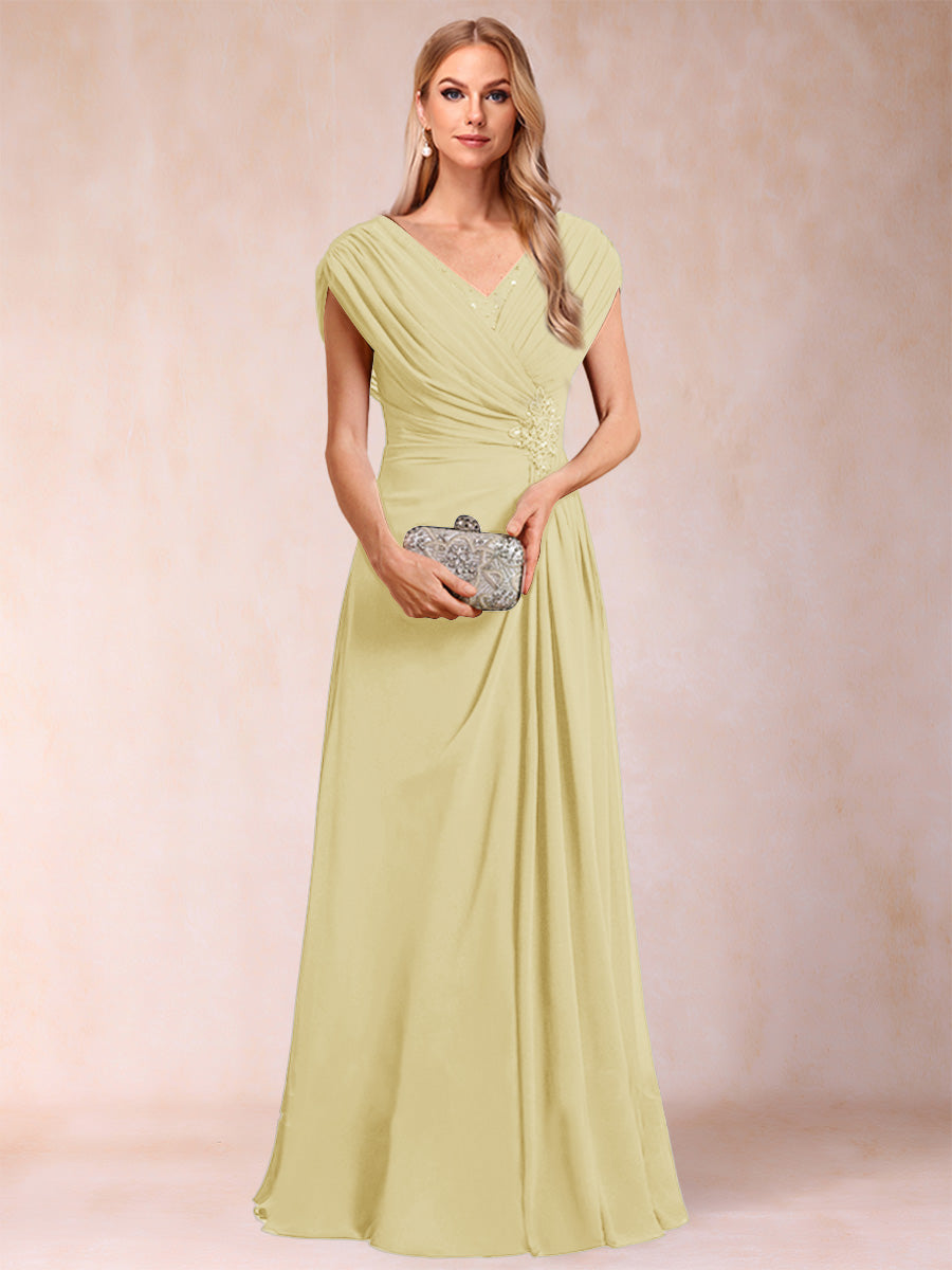 A-Line/Princess V-Neck Chiffon Ruched Mother of the Bride Dresses with Appliques &amp; Beading