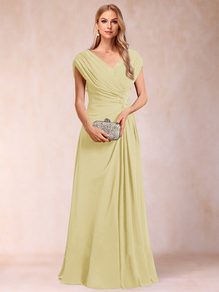 A-Line/Princess V-Neck Chiffon Ruched Mother of the Bride Dresses with Appliques &amp; Beading