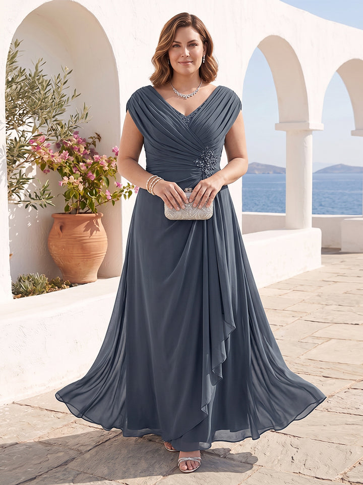 A-Line/Princess V-Neck Chiffon Ruched Plus Size Mother of the Bride Dresses with Appliques &amp; Beading