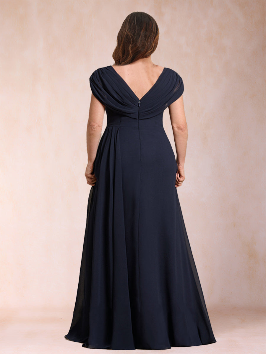 A-Line/Princess V-Neck Chiffon Ruched Plus Size Mother of the Bride Dresses with Appliques &amp; Beading