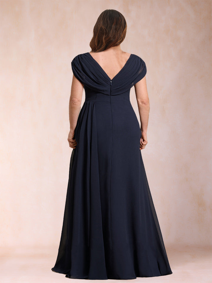 A-Line/Princess V-Neck Chiffon Ruched Plus Size Mother of the Bride Dresses with Appliques &amp; Beading