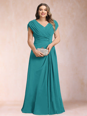 A-Line/Princess V-Neck Chiffon Ruched Plus Size Mother of the Bride Dresses with Appliques & Beading