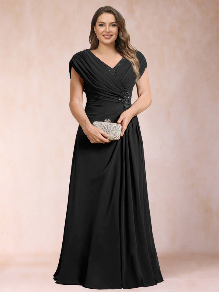 A-Line/Princess V-Neck Chiffon Ruched Plus Size Mother of the Bride Dresses with Appliques &amp; Beading