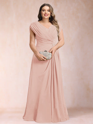 A-Line/Princess V-Neck Chiffon Ruched Plus Size Mother of the Bride Dresses with Appliques & Beading