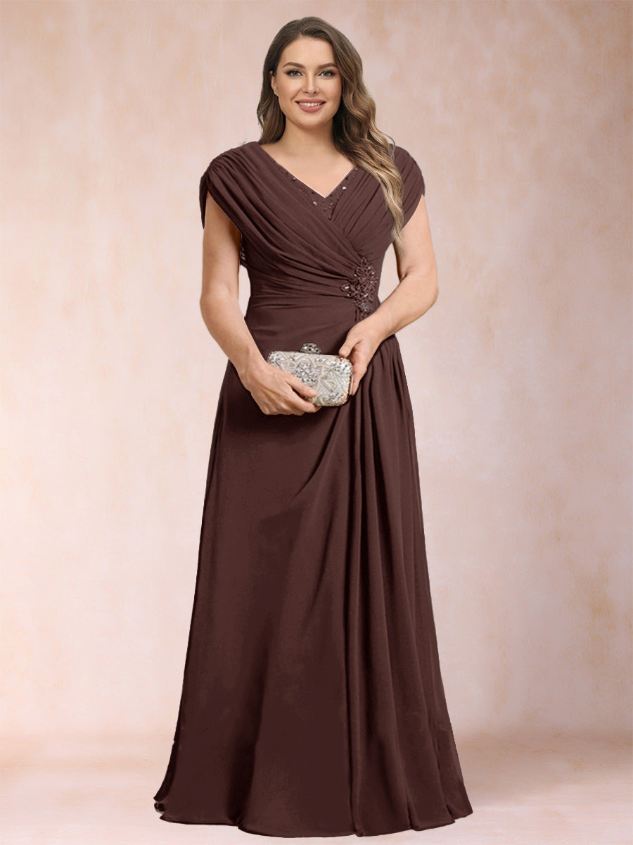 A-Line/Princess V-Neck Chiffon Ruched Plus Size Mother of the Bride Dresses with Appliques &amp; Beading