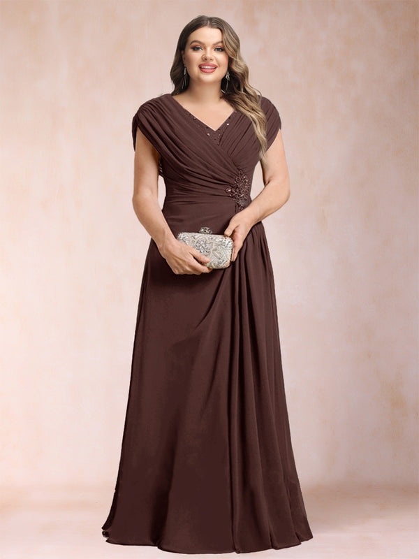 A-Line/Princess V-Neck Chiffon Ruched Plus Size Mother of the Bride Dresses with Appliques & Beading