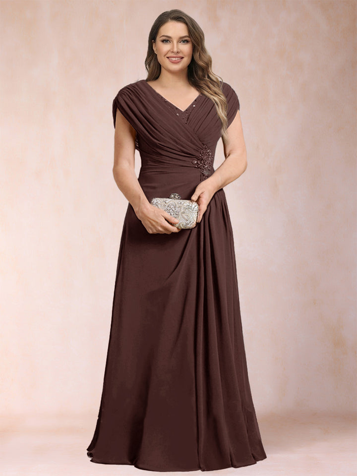 A-Line/Princess V-Neck Chiffon Ruched Plus Size Mother of the Bride Dresses with Appliques &amp; Beading