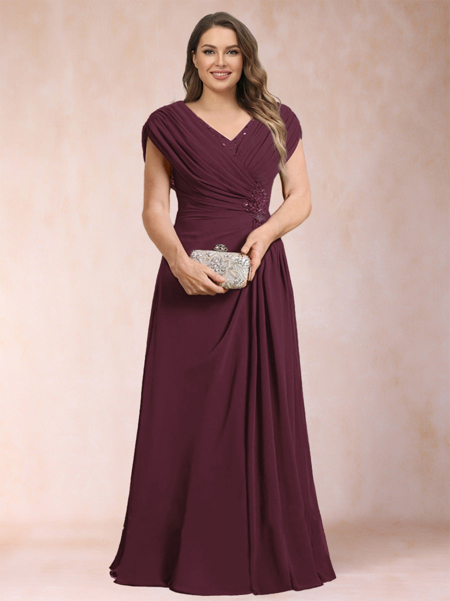 A-Line/Princess V-Neck Chiffon Ruched Plus Size Mother of the Bride Dresses with Appliques &amp; Beading
