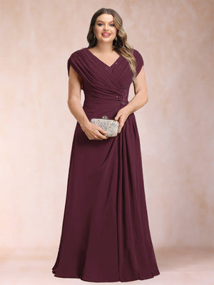 A-Line/Princess V-Neck Chiffon Ruched Plus Size Mother of the Bride Dresses with Appliques & Beading