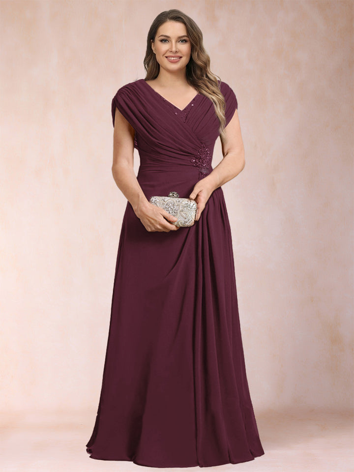 A-Line/Princess V-Neck Chiffon Ruched Plus Size Mother of the Bride Dresses with Appliques &amp; Beading