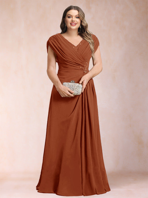 A-Line/Princess V-Neck Chiffon Ruched Plus Size Mother of the Bride Dresses with Appliques & Beading