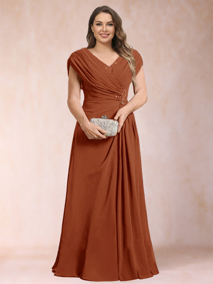 A-Line/Princess V-Neck Chiffon Ruched Plus Size Mother of the Bride Dresses with Appliques &amp; Beading