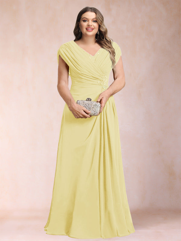 A-Line/Princess V-Neck Chiffon Ruched Plus Size Mother of the Bride Dresses with Appliques & Beading