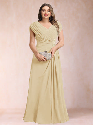 A-Line/Princess V-Neck Chiffon Ruched Plus Size Mother of the Bride Dresses with Appliques & Beading