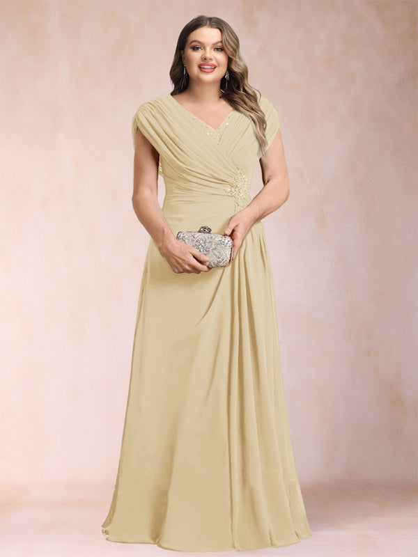 A-Line/Princess V-Neck Chiffon Ruched Plus Size Mother of the Bride Dresses with Appliques & Beading