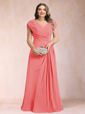 A-Line/Princess V-Neck Chiffon Ruched Plus Size Mother of the Bride Dresses with Appliques & Beading