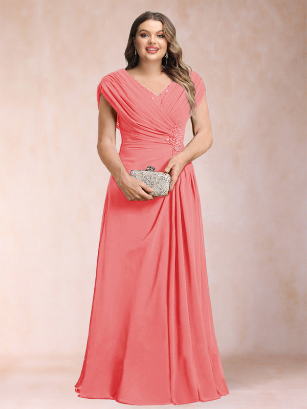 A-Line/Princess V-Neck Chiffon Ruched Plus Size Mother of the Bride Dresses with Appliques & Beading