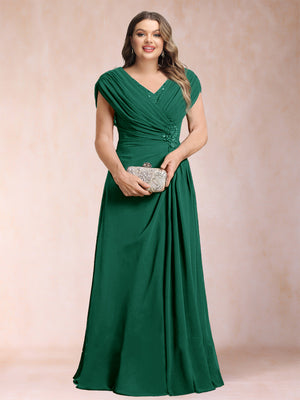 A-Line/Princess V-Neck Chiffon Ruched Plus Size Mother of the Bride Dresses with Appliques & Beading