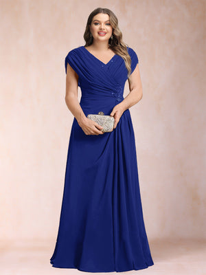 A-Line/Princess V-Neck Chiffon Ruched Plus Size Mother of the Bride Dresses with Appliques & Beading