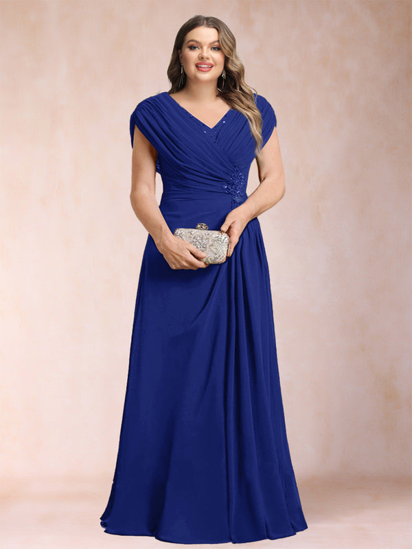 A-Line/Princess V-Neck Chiffon Ruched Plus Size Mother of the Bride Dresses with Appliques & Beading